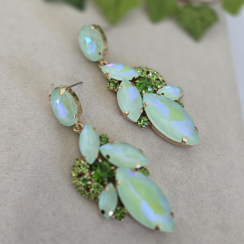 Statement Gold and Opalescent Mint Green Color Drop Earrings
